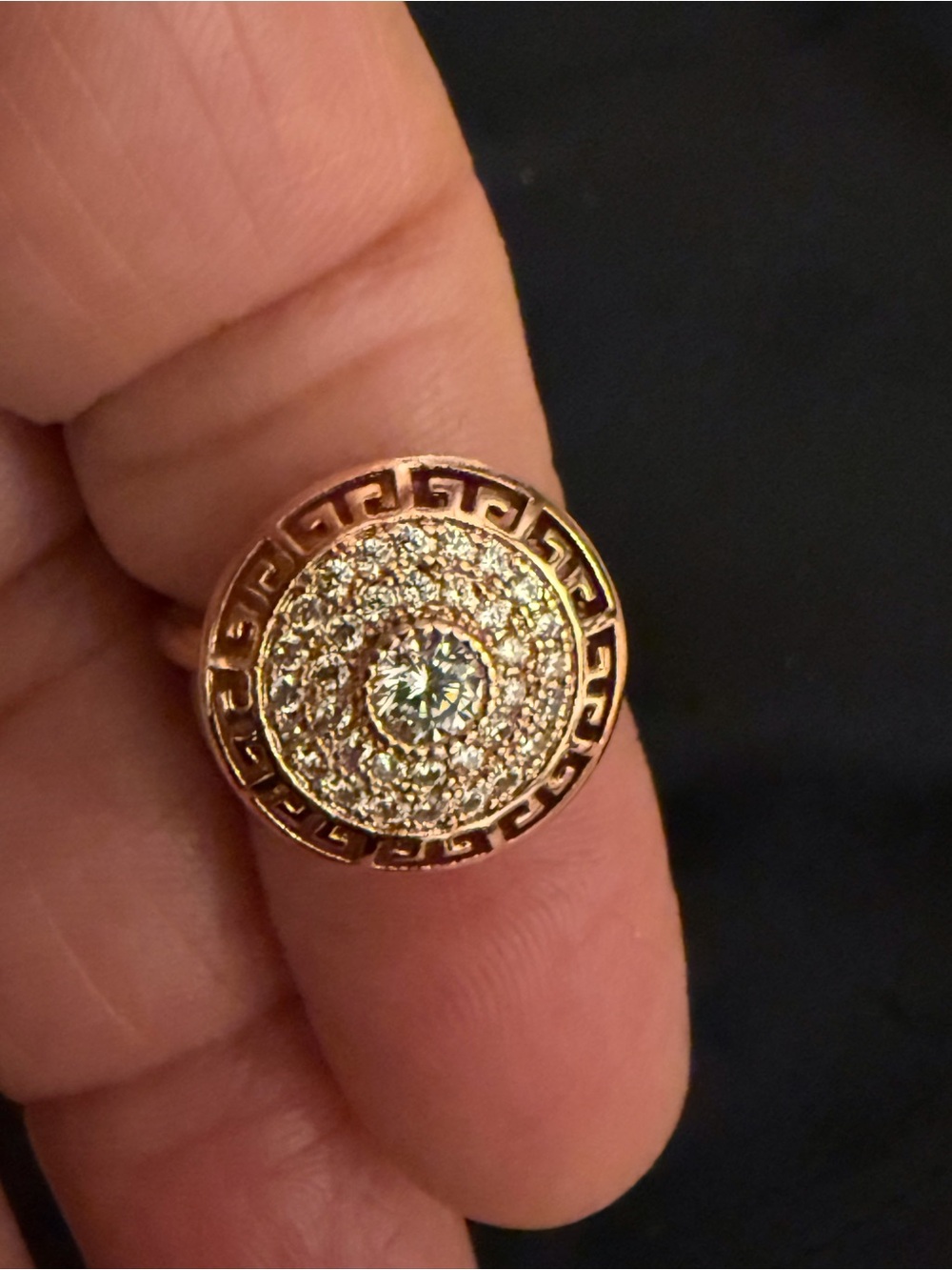 Rose Gold-Tone Pavé Disc Cocktail Ring with Clear Crystal Center